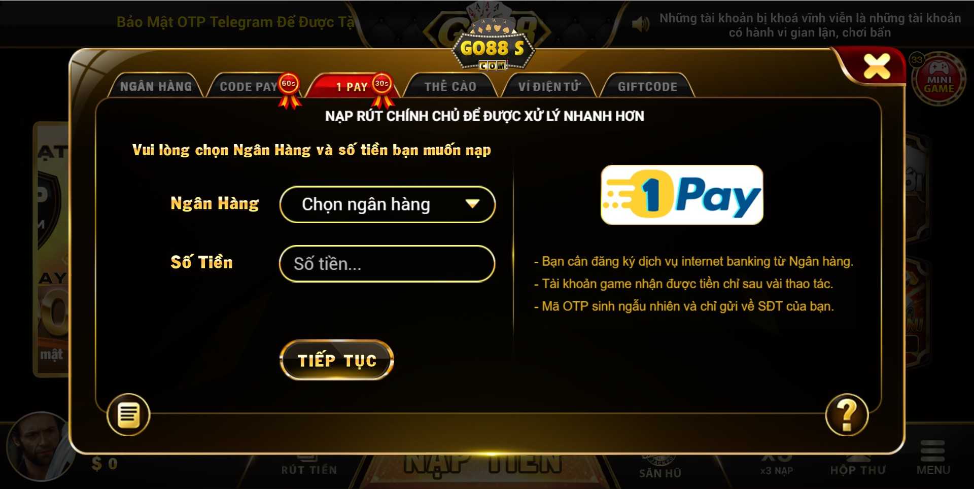 Giao diện nạp tiền qua hình thức 1 pay tại Go88