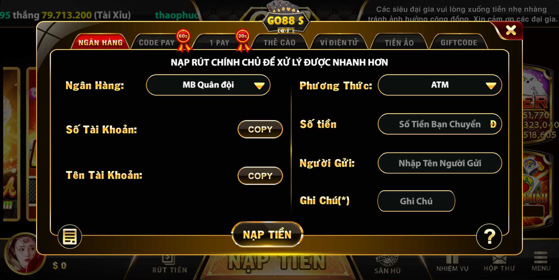 Giao diện nạp tiền qua ngân hàng tại Go88