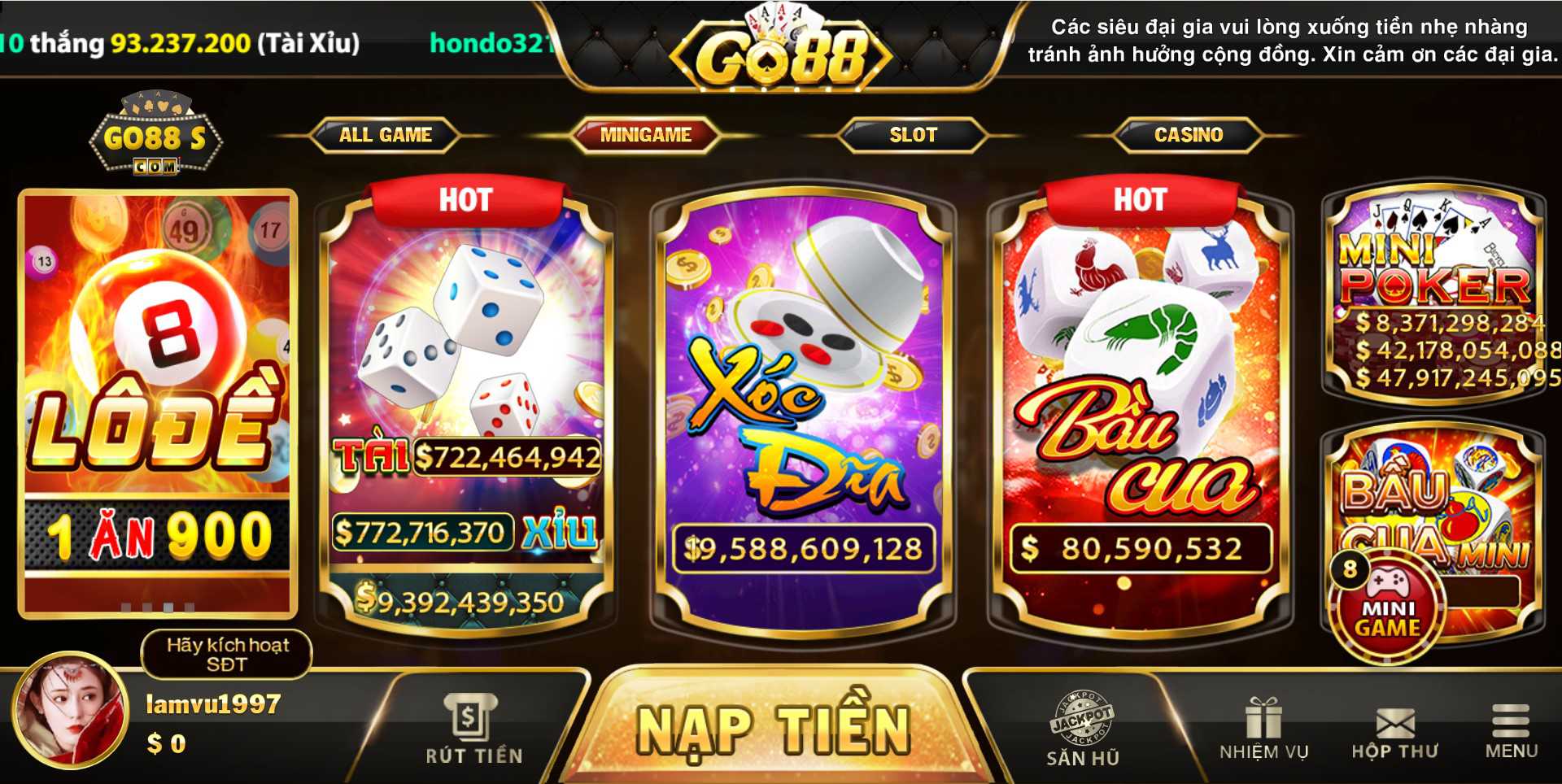 Giao diện sảnh mini game tại Go88