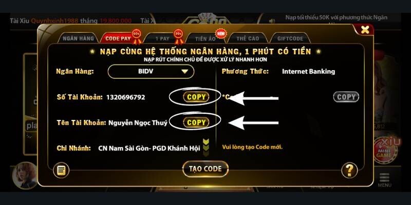 Copy và tiến hành chuyển tiền đến tài khoản BIDV của Go88