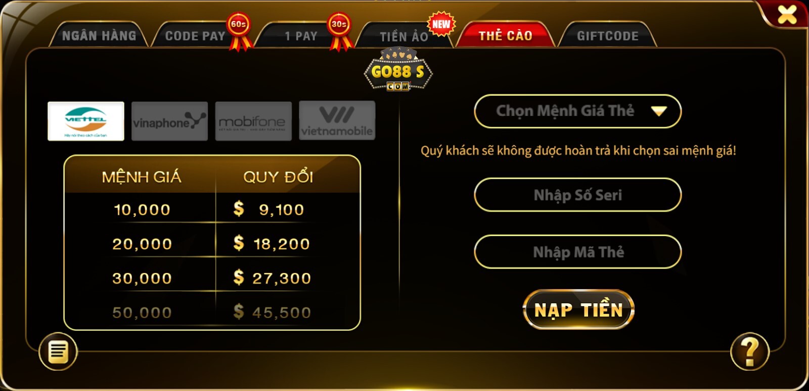 Các nhà mạng đang hỗ trợ thanh toán tại Go88